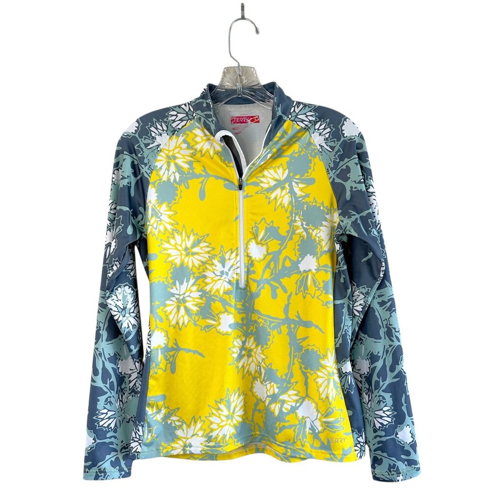 Terry Cycling Thermal Long Sleeve Cycling Jersey, S, Gray Yellow Floral